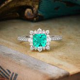 Princess Cut 1.2 Carat Emerald Pave Ring Halo Engagement Ring
